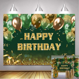 7x5ft Green Gold Birthday Backdrop Gold Green Glitter Bokeh Balloons Happy Birthday Photography Background for Women Men Kids Party Decoration Photo Banner Props