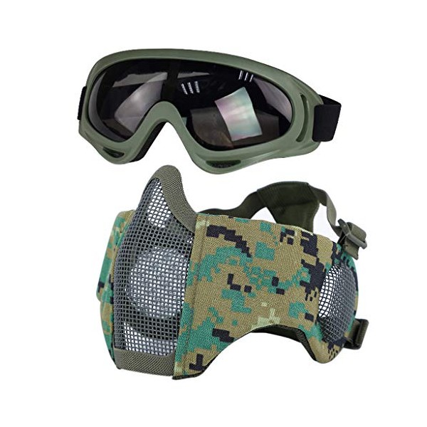 Airsoft Mask with Goggles, Foldable Half Face Airsoft Mesh Mask