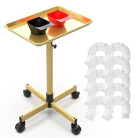 TASALON - Carrito rodante para salón de belleza, altura ajustable para bandeja de peluquería, dorado, carro móvil con ruedas y 2 cuencos