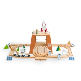 EverEarth Wooden Train Set Space Toys, Wood Train Track Set 39pcs, Mars Explore Base Train Space Station with Rocket and Astronaut for Kids 36m+, FSC Certified