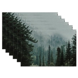 Green Misty Forest Placemats Set of 6,12x18 Inch Mountain Linen Place Mat Washable Stain Resistant Table Mats for Spring Summer Seasonal Farmhouse Kitchen Party Home Decor