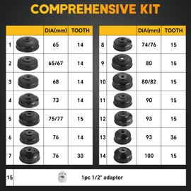 weyleity 15PCS Oil Filter Cap Wrench Tool | Universal Cup Type Oil Filter Socket Removal Set 3/8 inch Drive Oil Canister Socket Service Kit with 1/2 inch Adaptor