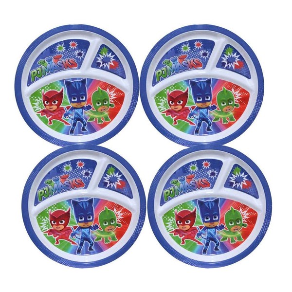 Zak Designs [4-Pack PJ Masks 8-inch 3-Section Melamine Plastic Reusable Kids Plates, BPA-Free