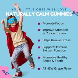 Dr. Klein's Naturally Calm Gummies For Kids. Grape Flavour. Relieves Restlessness & Nervousness. Includes Chamomile Extract and Large Leaf Linden Extract Plus Vitamins & Minerals to Support Stress Relief . Sugar Free. 30 Chewable Gummies.