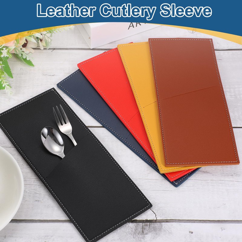 uxcell 4 Pcs Leather Cutlery Sleeve Silverware Utensil Holders Knife