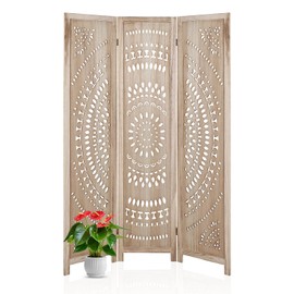 Carved Wood Room Divider Screen 3 Panel,5.57 FT Tall Wooden Room Divider 67 in,Folding Room Dividers for Room Separation Home Office Garden Terrace (Light Wood Round Carved)