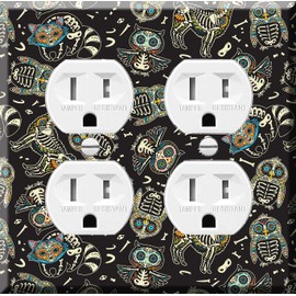 Double Duplex Outlet Cover Wall Plate - Day of the Dead Owl and Llama Skulls