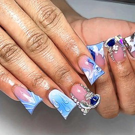 Rilafuvu Duck Press on Nails Medium,Fake Nails Acrylic Nails 3D Rhinestones and Wave Glue on Nails Blue Nails Press on Stars Stick on Nails for Women and Girls 24Pcs