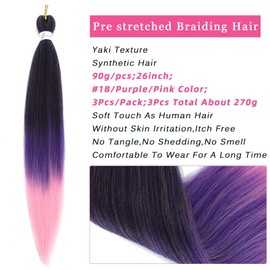 Pre-Stretched Braiding Hair 3Packs 26inch Ombre Purple and Pink Braiding Hair Extensions For Braids,Professional Soft Yaki Straight Texture(1b/purple/pink)