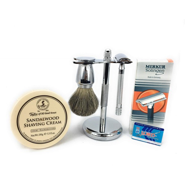 G.B.S Shaving Set Made in Soligen Germany MK 23 Safety Razor Long Handle, Taylor Of Bond Street Shave Cream Bowl Stand. Professional Badger Brush, 10 Pack of Blades Holiday Christmas Classic Vintage