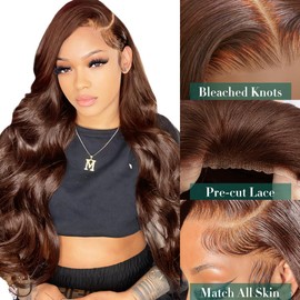MUGOHK Brown Wear and Go Glueless Wigs Human Hair Pre Cut 24 Inch 13x4 HD Lace Front Wig Chocolate Brown Body Wave Wig Pre Plucked with Baby Hair #4 Dark Brown Lace Closure Wigs 150 Density for Women
