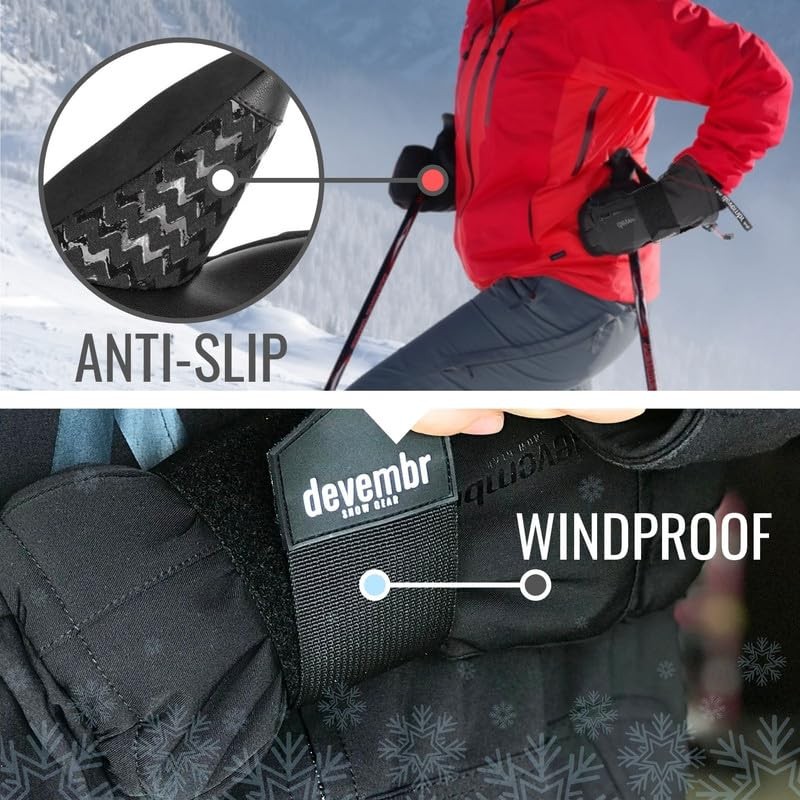 devembr Ski Mittens with Wrist Guards, Warm Snowboard Mittens, Waterproof,