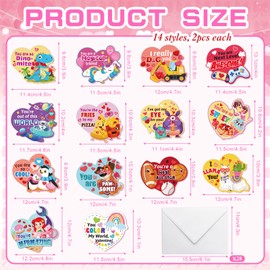 HOWAF 28 Pack Valentine's Day Candy Heart Cards,14 Assorted Designs Heart Valentines Day Greeting Cards with 28 Envelops for Kids School Valentines Gifts Cards School Classroom Exchange
