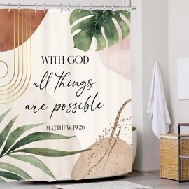 Glawry Boho Bible Verse Shower Curtain 60Wx72L Inches Inspirational Scriptures Quotes Abstract Tropical Green Palm Leaf Mid Century Christian Bathroom Bath Accessories Home Decor Fabric 12 Pack Hooks