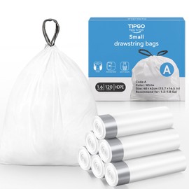 TIPGO Drawstring Trash Bags 120 Count, Pre-Cut 1.6 Gallon / 6 Liter Small Garbage Bags, Fit 1.2-1.8 Gallon Trash Bin for Home, Office, Bathroom (Code A)