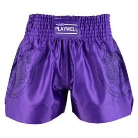 Playwell Muay Thai Twin Tiger Satin Sak Yant Competition Fight Shorts - Purple - New (XS)