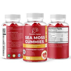 Healthier Options Irish Sea Moss Gummies with Bladderwrack & Burdock Root 5680 Mg | 60 Gummies | Apple Flavour | Vitamins & Minerals | Organic, Natural, Vegan, Gluten Free, Non GMO, High Strength