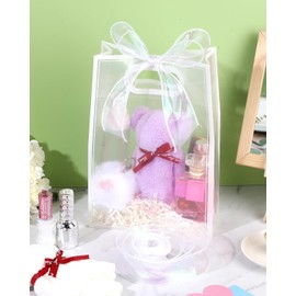 Liobelon 12 Pieces Clear Plastic Gift Bags with Handle Reusable Transparent Gift Bag with Ties PP Gift Wrap Tote Bag with Ribbon for Wedding Bridal Shower Birthday Party 7x10x3.15 Inch (white)