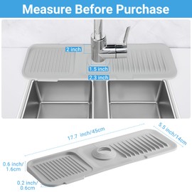 AIZOE Sink Water Splash Guard, Sink Faucet Mat Splash Guard, 17.7 inch, Silicone Faucet Handle Drip Catcher Tray Mat, Tap Drain Pad for Kitchen & Bathroom Countertop Fast Drying, Sponge Holder, Gray