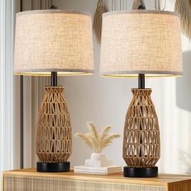 Boho Table Lamp Set of 2, 27" Handwoven Rattan Lamps with Fabric Shade, Bohemian Farmhouse Bedside Lamp Modern Wicker Lamps with Rotary Switch for Bedroom Living Room Nightstands Dorm Farmhouse Decor