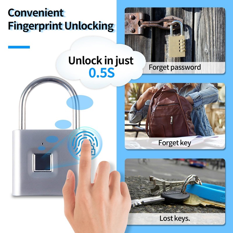 KENRONE Portable USB Charging Fingerprint Lock with Emergency Key, Smart