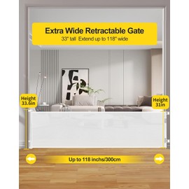 118 Inch Extra Wide Retractable Baby Gate,Mesh Large Baby Gate or Mesh Pet Dog Gate, Opening Wide Extra Long Child Safety Gate for Indoor Baby Fence, Outdoor, Stairs, Deck (White)