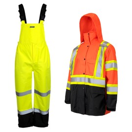 JORESTECH Safety Rain Set Kit: High Visibility Orange Jacket with concealed hood paired with Yellow Reflective Stripe Pants
