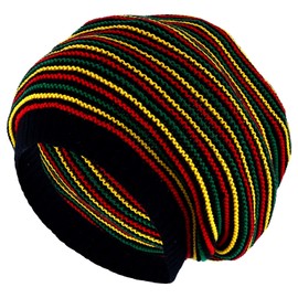 Armycrew Deep Crown Oversized RGY Striped 100% Acrylic Rasta Skully Beanie - Black Rasta