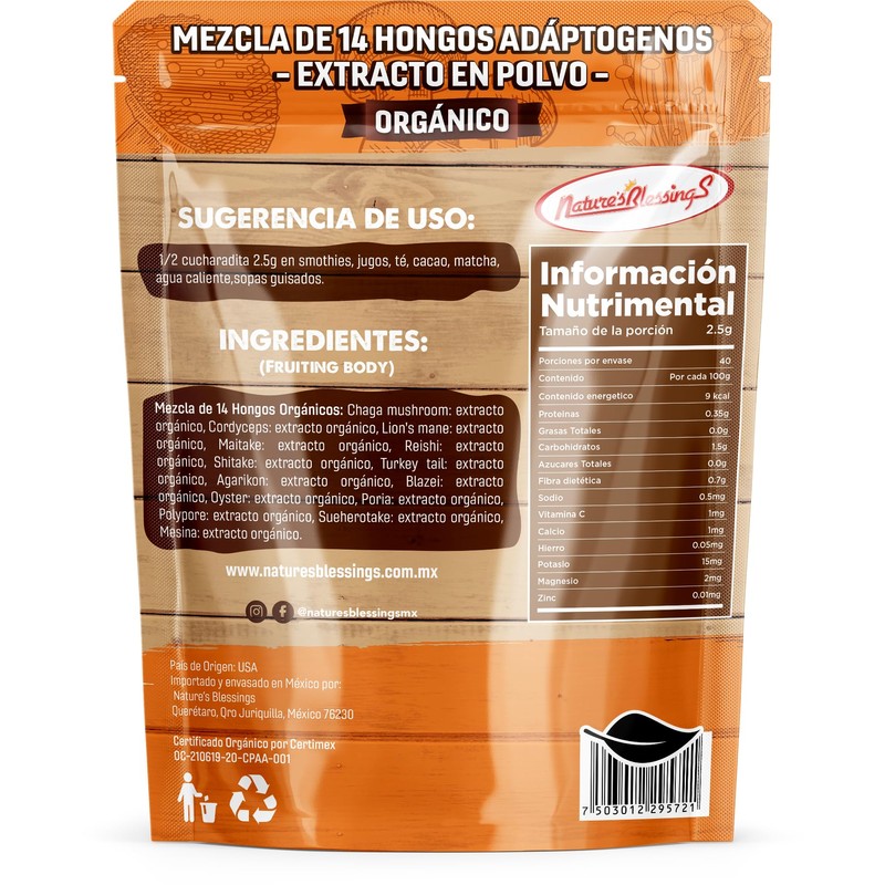 Mezcla de 14 Hongos Adaptógenos Orgánicos en Polvo | Nature's