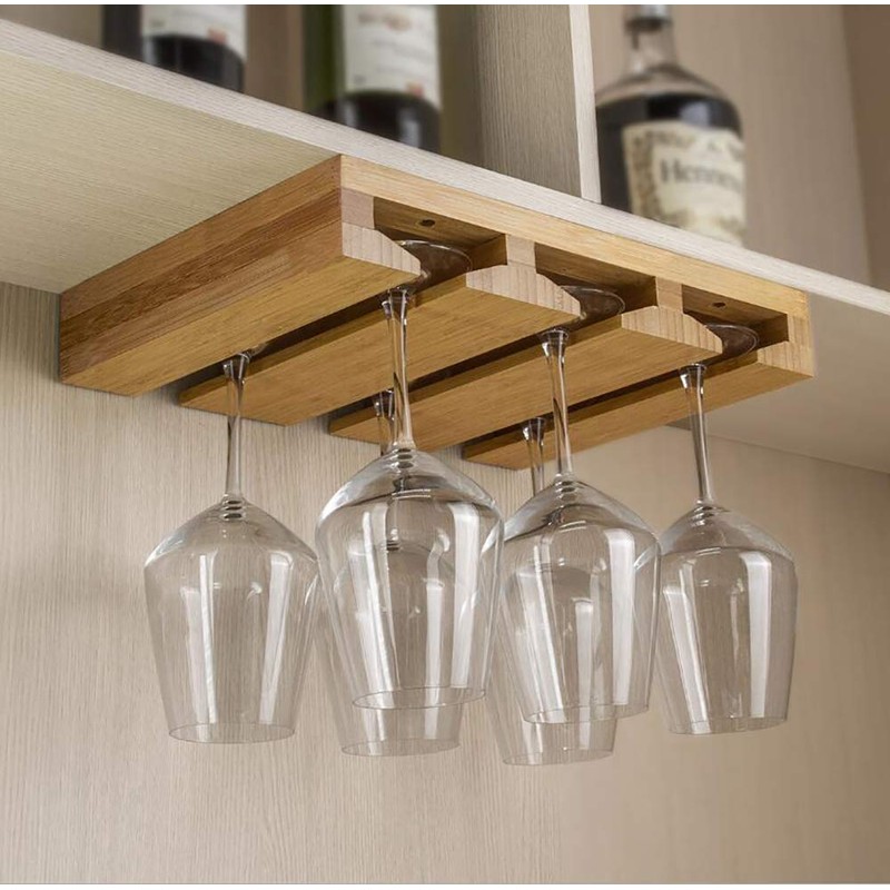 RIIPOO Wine Glass Rack Hangers Under Cabinet, Bamboo Wine Glasses