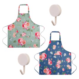 CHROMACRAFT 2 Aprons with Floral Pattern and 2 Hooks, Waterproof Apron, Oil Resistant Work Apron, Canvas Kitchen Apron