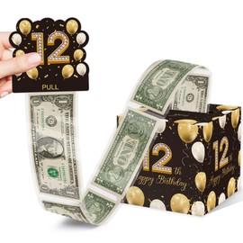 Birthday Money Box for Cash Gift with Pull Out, Cute 12th Birthday Gifts for Boys Girls, Black Gold Birthday Decor for 12th Birthday Party, 12th Birthday Surprise Gift Box for Friends（with 35PCS Bags）
