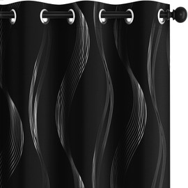 Deconovo Blackout Curtains - Silver Wave Print, Thermal Insulated, Noise Reducing, Privacy Drapes for Bedroom & Living Room (52W x 84L Inch, Black, 2 Panels)