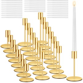 Suclain 24 Set Wedding Candlestick Holders Bulk with White Taper Candles Sets Decorative Taper Candle Holder Metal Tall Candlesticks Centerpiece for Wedding Birthday Table Dining Decorative (Gold)