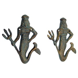 Wowser Green Cast Iron King Neptune Wall Hooks, Set of 2, 6.5 Inches