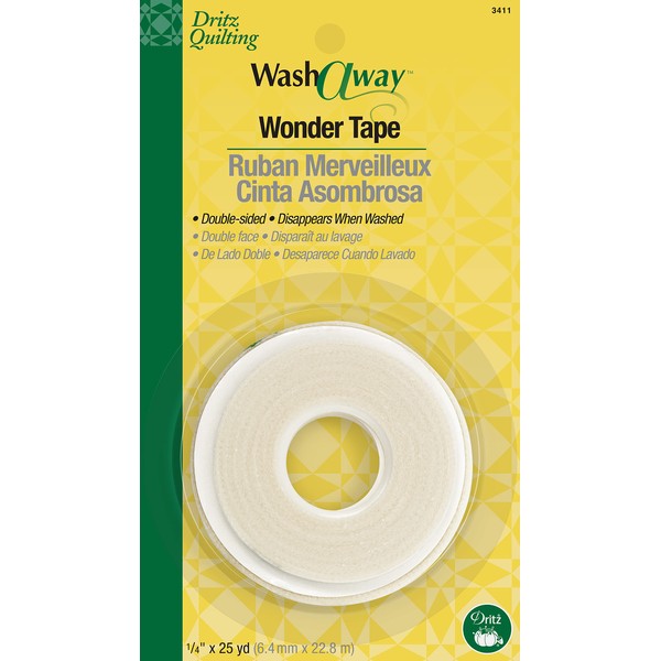 Dritz Wash-A-Way Wonder, Double-Sided, 1/4", 1 Roll, White Fabric Tape, 1/4-Inch x 25-Yards