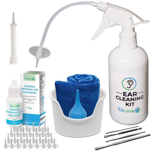 Ear Wax Tool with Earwax Drops by Tilcare - Ear Irrigation Flushing System - Perfect Ear Cleaning Kit - Includes Drops, Towel, Basin, Syringe, Curette Kit and 30 Disposable Tips