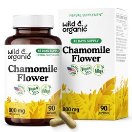 Wild & Organic Chamomile Capsules 800 mg - Relaxation & Digestive Support - Herb Chamomile Powder Supplement - Matricaria Recutita Flower - Vegan, No Fillers, Non-GMO - 90 Count