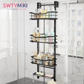 SWTYMIKI SWTYMIKI Over the Door Shower Caddy - 4 Tier Adjustable Shower Organizer Hanging with Soap Holder, No Drilling Stainless Steel Bathroom Rack Hanging for Body Wash, Shampoo, Soap, Razor, Black
