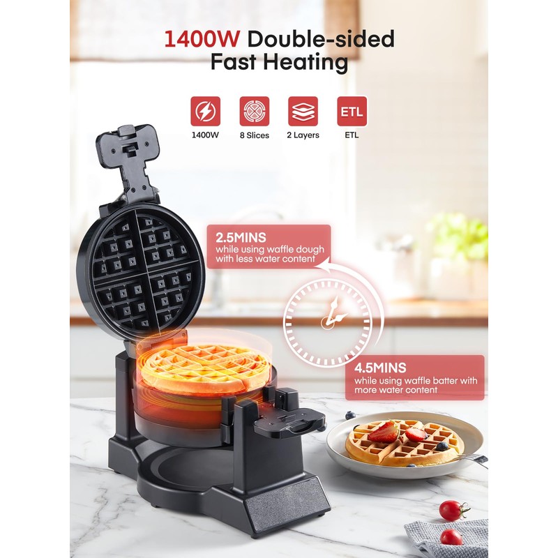 FOHERE Double Waffle Maker, 1400W Rotating Belgian Waffle Iron with