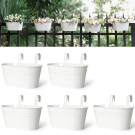 Dahey Metal Iron Hanging Flower Pots for Railing Fence Hanging Bucket Pots Countryside Style Window Flower Plant Holder with Detachable Hooks Home Decor,White,5 Pcs