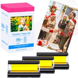 KCMYTONER Compatible for Canon Selphy CP1500 CP1300 Ink and Paper Set KP-108IN KP108 3 Color Ink Cartridge and 108 Sheets 4x6 Photo Paper for Selphy CP1200 CP910 CP740 Compact Photo Printers