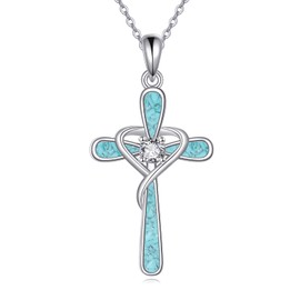 JERWL Turquoise Cross Necklace 925 Sterling Silver Religious Cross Pendant Turquoise Jewelry Gifts for Women