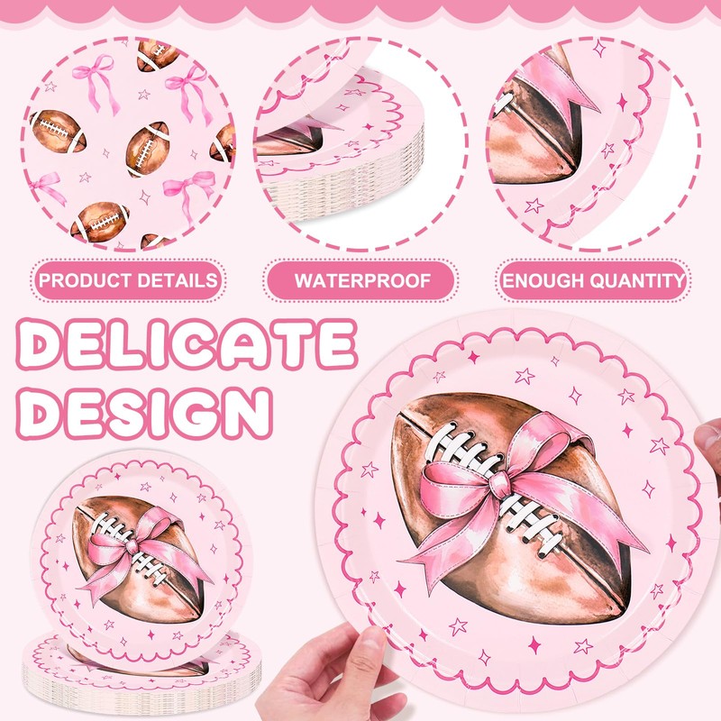 24Pcs Pink Bow Football Paper Plates, Touchdowns or Tutus, 7In