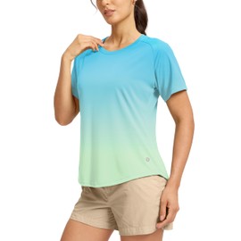 SANTINY Women's Short Sleeve Shirts UPF 50+ Sun Protection Moisture Wicking T-Shirts Hiking Athletic Workout Tops for Women (Green Yellow Gradient_L)