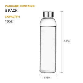 Encheng Glass Water Bottles,16oz Glass Drinking Bottle With Leakproof Stainless Steel Cap,Reusable Juice Bottles Beverage Drinkware,To Go Travel Bottles For Drink,Sauce,8Pack