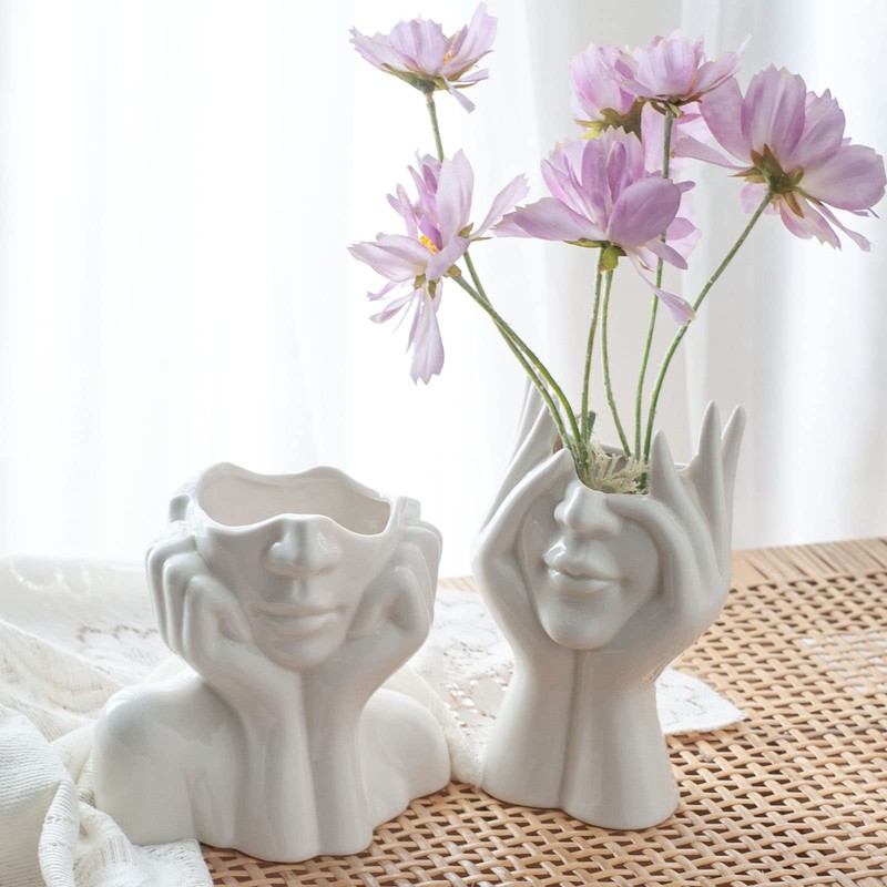 Joynisy White Ceramic Face Vase Set of 2, Female Form