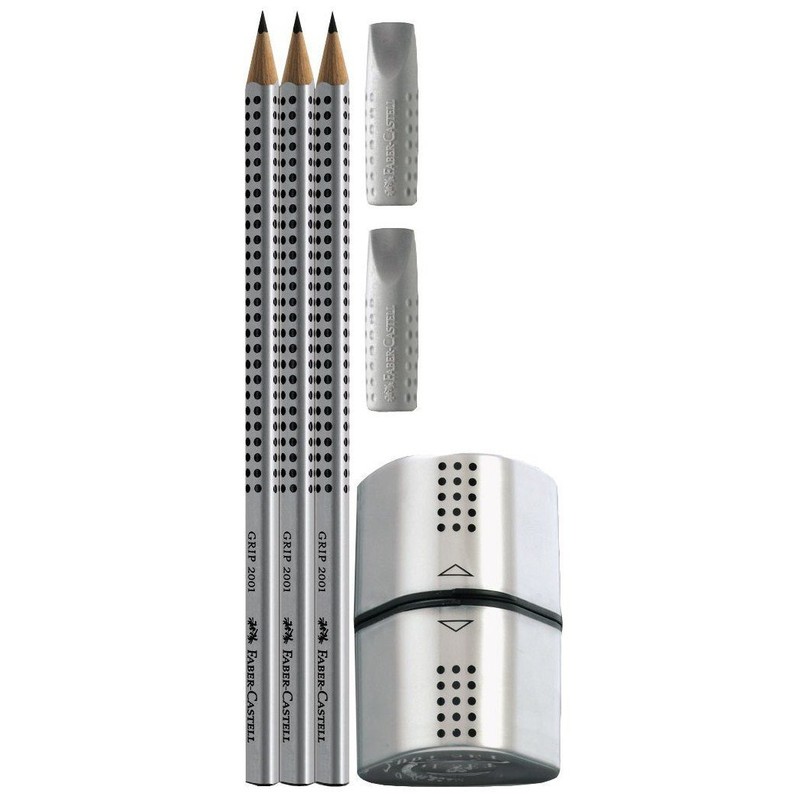Faber Castell Grip 2001 HB Pencils x3, Eraser Caps x2,