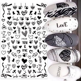 Valentine's Day Nail Art Stickers Decal for Nail Art,Red White Black Heart Nail Sticker 3D Self-Adhesive Valentines Nail Art Design for Women Girls Manicure Decor (Black)