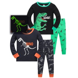 LOLPIP Boys Long Sleeve 4-Piece Pyjamas Small Children's Sleepwear Pyjamas Set 2-14 Years, 4p-dino-glwgreen